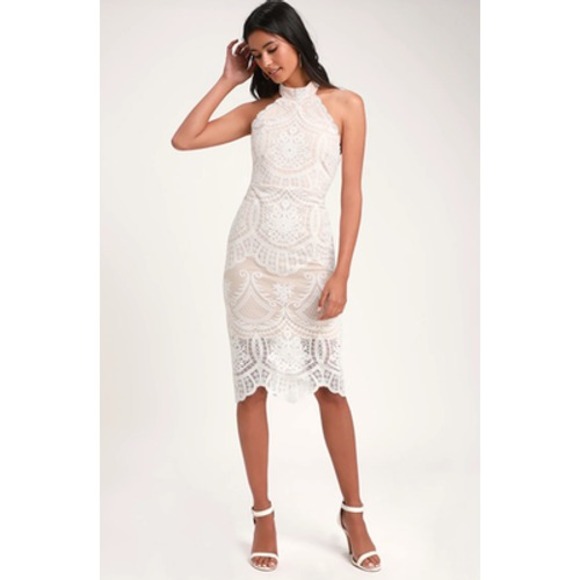 Lulus Dresses & Skirts - Lulus Dress Womens Medium White Lace Nude Lined Halter Midi Cocktail Bridal